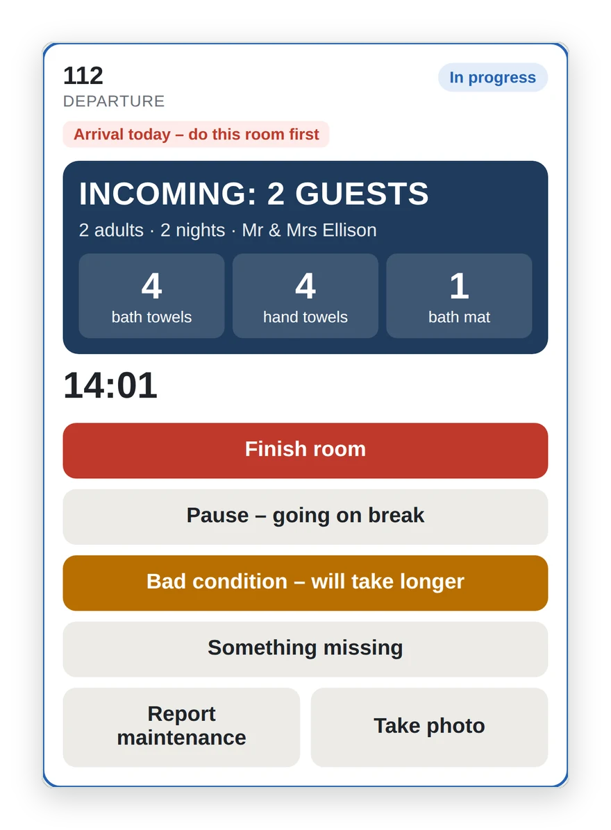A job card in progress showing incoming guest details, linen counts and a running timer