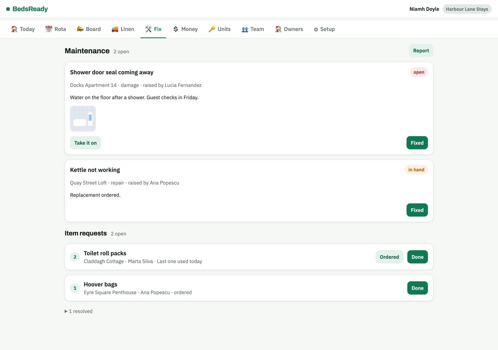 The maintenance screen with open repairs and item requests