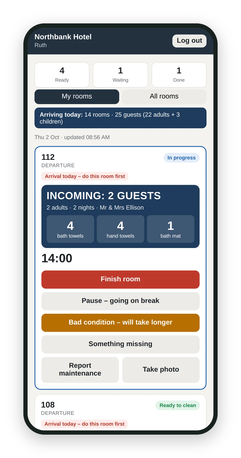A cleaner's phone listing her jobs for the day in order with ready, waiting and done counts